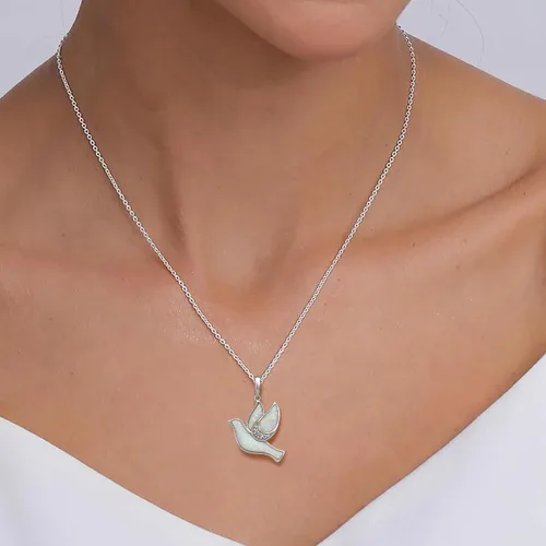 Vista 3 de Jewelili Collar con colgante de paloma de plata de ley o oro amarillo chapado en plata de ley para mujer, ópalo creado y diamantes redondos blancos
