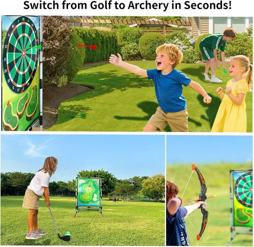 Vista 2 de Juego de astillado de golf con soporte, juego de práctica de golf multideportivo con tiro con arco, hacha, dardos, alfombrilla de golpeo de doble
