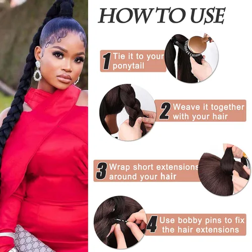 Vista 5 de Extensiones de cola de caballo trenzada de 20 pulgadas de largo para mujer, extensiones de cabello lacio envolvente con banda para el cabello, cola