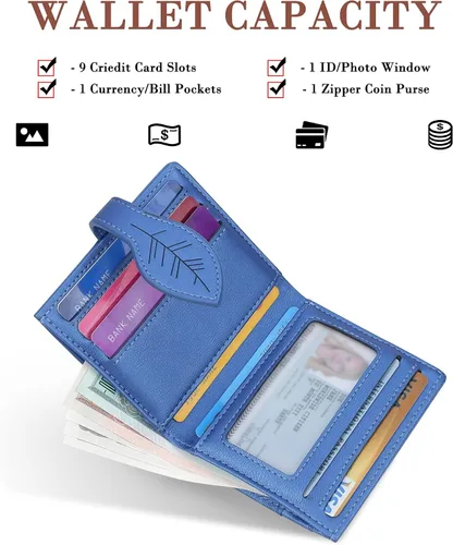 Vista 2 de CONISY Cartera pequeña para mujer, con bloqueo RFID, de piel, plegable, con bolsillo frontal, con cremallera (azul)