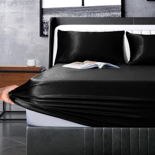 Vista 8 de Manyshofu Juego de sábanas de satén negro de 7 piezas, ropa de cama lujosa y suave de satén, 1 sábana bajera, 1 sábana encimera, 4 fundas