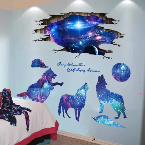 Vista 3 de Calcomanías de pared 3D de PVC, diseño mágico 3D de cielo estrellado estrellado, lobo y luna, para pared, de la vía láctea, espacio exterior