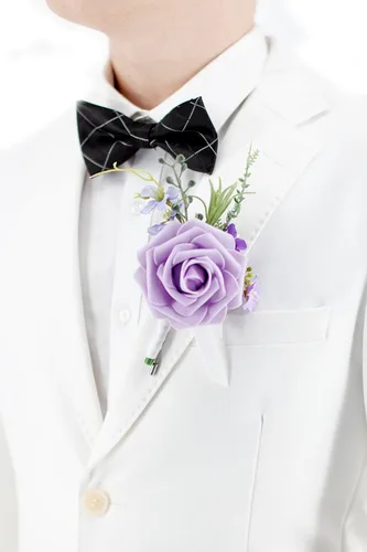 Vista 9 de Sinlge - Boutonniere blanco marfil para hombres, para boda, novio, padrinos de boda, color crema, flores de rosas artificiales para ceremonia