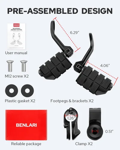 Vista 6 de Benlari Estriberas de Carretera de 1 pulgada 1-1/4 pulgadas Estriberas de Acero Inoxidable 304 Largas Anguladas Ajustables Compatibles con Harley