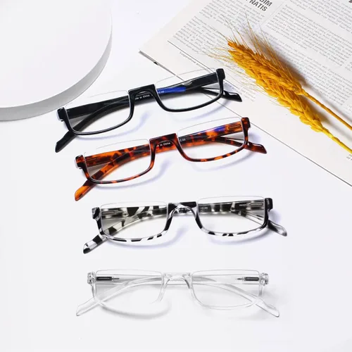 Vista 7 de Henotin 4 pares de anteojos de lectura para mujeres y hombres, lectores, marco de media luna, bloqueo de luz azul, lentes con bisagra de resorte
