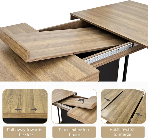 Vista 3 de Juego de mesa de comedor extensible para mesa de cocina extensible de 4, 5 piezas y 4 sillas de almacenamiento ocultas de lino tapizadas de madera