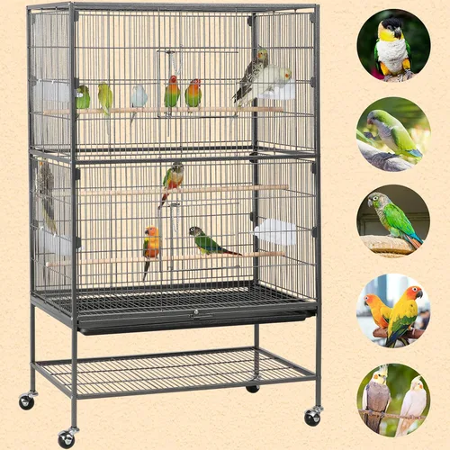 Vista 3 de Jaula para pájaros Yaheetech de 132 cm de pie, jaula grande de acero forjado para loros, jaula de vuelo para cacatúas grises africanas, cuáqueros
