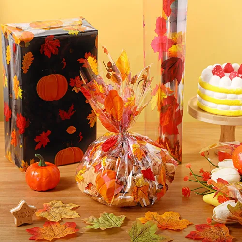 Vista 6 de Papel de regalo de celofán de otoño, 100 x 16 pulgadas, 2.5 mil de grosor, rollo de envoltura de celofán transparente con temática de otoño