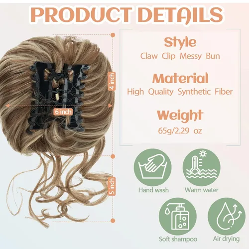 Vista 5 de S-noilite Extensiones de cabello rubio ondulado con clip de garra, extensiones de moño con clip de garra, extensiones de moño para mujer
