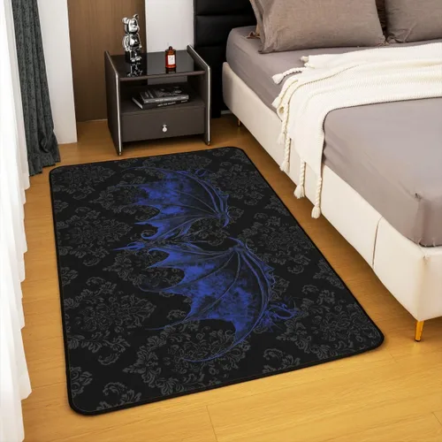 Vista 4 de Erosebridal Alfombra gótica de 3 x 5 pies, estilo bohemio, damasco, murciélago, sala de estar, antideslizante, negro, gris, azul, alfombra gótica