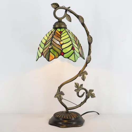 Vista 5 de Tiffany Table Lamp, Stained Glass Desk Light, 8X10X21 Inches, Metal Leaf Base (Brown Green Leaf)