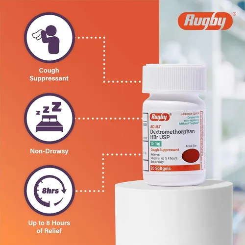 Vista 3 de Rugby Adult Dextromethorphan HBr USP 15 mg – Supresor de tos no somnoliento – Alivia la tos hasta 8 horas – 20 cápsulas blandas (paquete de 1)