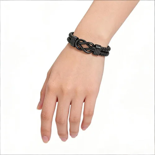 Vista 6 de Pulsera con nudo infinito con texto en inglés "To My Man", de acero inoxidable trenzado y cuero trenzado, inspirador, grabado Love You Forever