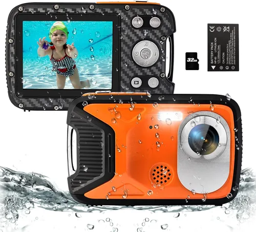 Vista 9 de Cámara subacuática 4K 48MP Autofocus Selfie Cámara impermeable de doble pantalla con correa flotante y tarjeta de 32 GB, cámara digital compacta