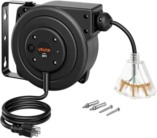 Vista 19 de VEVOR Carrete de cable de extensión retráctil de 25 pies resistente 14AWG Rojo