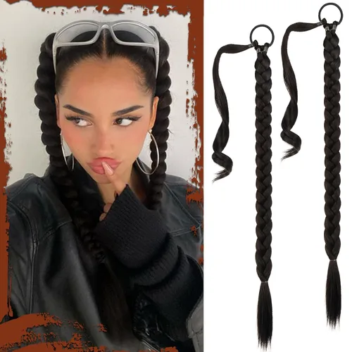 Vista 82 de SOFEIYAN Extensión de cola de caballo trenzada larga con banda elástica y mechón liso envolvente, extensiones de cabello naturales suaves
