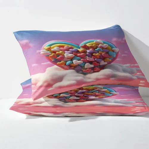 Vista 3 de Juego de sábanas de 3 piezas con diseño de corazón y nubes de arcoíris, tamaño individual, sábanas y fundas de almohada, sábana bajera ajustable