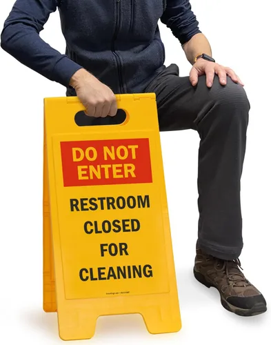 Vista 4 de SmartSign Letrero plegable de dos caras con texto en inglés "Do Not Enter - Restroom Closed For Cleaning", de 25 x 12 pulgadas, plástico, rojo