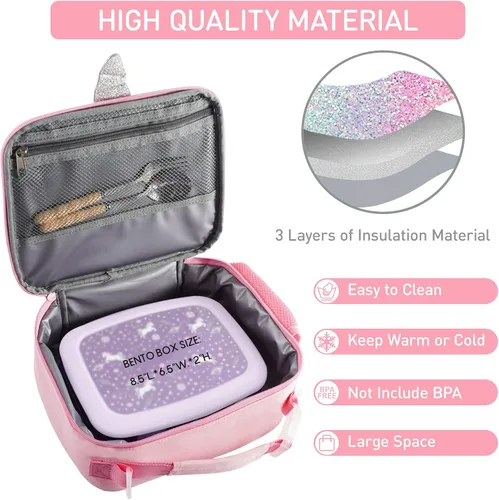 Vista 9 de Lonchera de unicornio para niñas con correas ajustables para el hombro, bonita lonchera aislada a prueba de fugas, con purpurina y brillo, bolsa