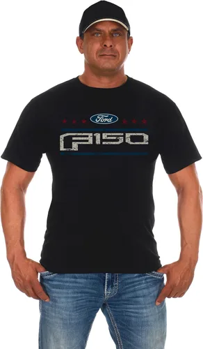 Vista 2 de JH DESIGN GROUP Camiseta Ford F150 Truck para hombre con bandera americana, color negro
