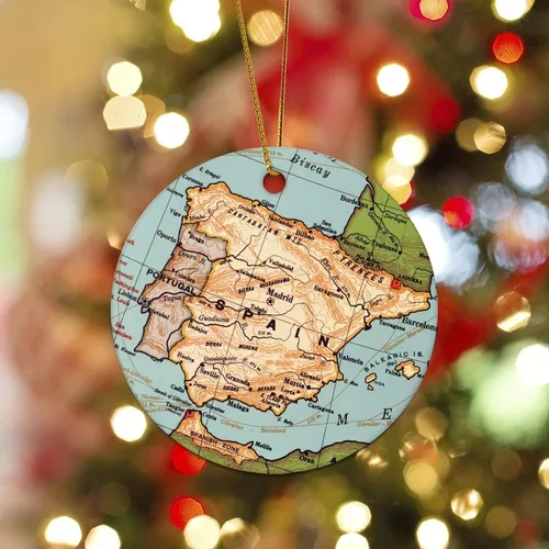 Vista 3 de Adorno de Navidad con mapa de España, adorno de árbol de Navidad, destino de 3.2 pulgadas, dos lados impresos con cuerda dorada, adorno moderno