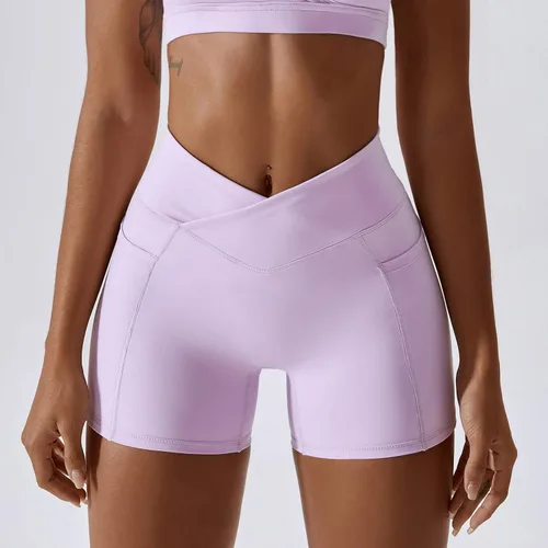 Vista 6 de ABOCIW - Conjuntos de entrenamiento para mujer, brasier deportivo con espalda cruzada, cintura cruzada, pantalones cortos de gimnasio con bolsillos