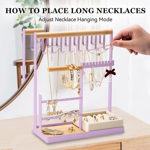 Vista 6 de Soporte organizador de joyas con soporte de terciopelo para anillos, organizador de joyas de 4 niveles con 15 ganchos, organizador de collares
