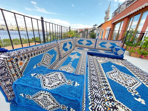 Vista 4 de arabicsofa Juego de sofá árabe en forma de U - Asiento modular azul real para habitación de invitados