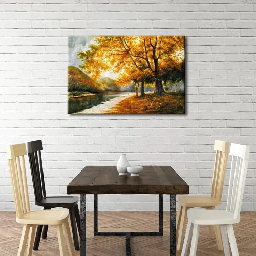 Vista 2 de Wieco Art Lienzo de giclée impresiones de arte de pared por pinturas al óleo, grandes árboles contemporáneos de otoño, imágenes para sala de estar