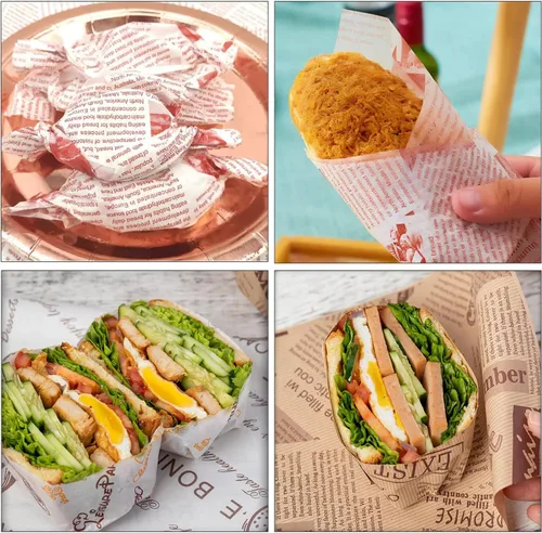 Vista 5 de 100 Hojas de Papel Deli, Papel para Envolver Sándwiches de 14 * 10 pulgadas, Papel para Envolver Alimentos, para Panes, Papas Fritas, Sándwiches