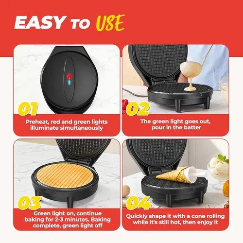 Vista 5 de Máquina para hacer gofres y hacer conos de helado con rodillo de cono, 1000 W de doble cara con calefacción uniforme para hacer gofres finos, hace