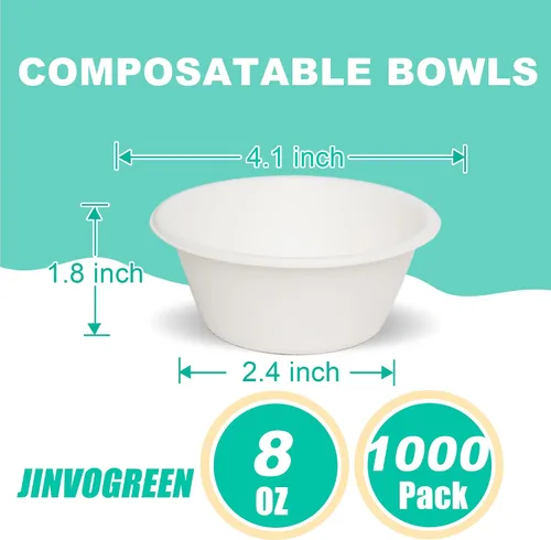 Vista 3 de JINVOGREEN 1000 cuencos de papel de 8 onzas, cuencos desechables compostables a granel, cuenco de bagazo biodegradable resistente para aperitivos