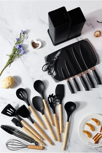 Vista 6 de Juego de utensilios de cocina y cuchillos de 19 piezas con bloque, 9 piezas de utensilios de cocina de silicona, 5 piezas afiladas de acero Beige