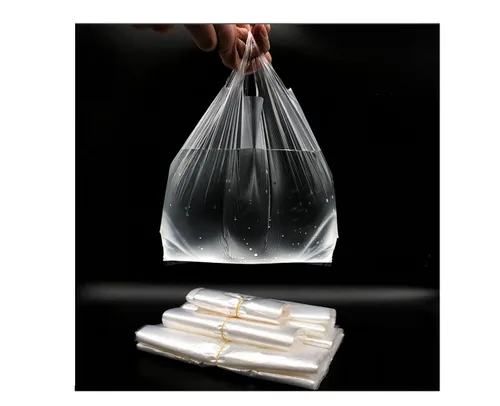 Vista 5 de Bolsas de plástico para camisetas con asas, 18.5 x 11.8 pulgadas, 150 bolsas transparentes para comestibles, bolsas de compras reutilizables
