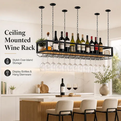 Vista 3 de Estante de techo para copas de vino, estante colgante para vino con soporte para vidrio y estante, soporte para botellas de vino colgante industrial