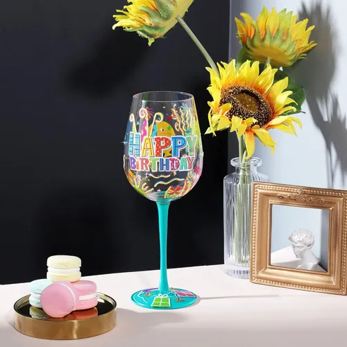 Vista 7 de NymphFable Happy Birthday - Copa de vino pintada a mano para mujer, 15 onzas Gift-Boxed for Birthday Celebrations, Hand-Blown Goblet