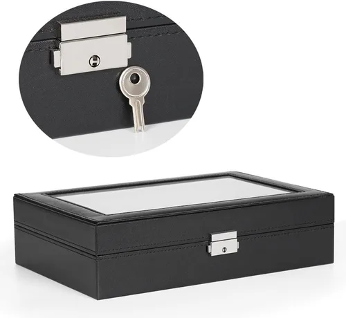 Vista 5 de NEX Caja de reloj 8 ranuras con cerradura de cuero para reloj organizador con almacenamiento de anillos para mujeres y hombres color negro