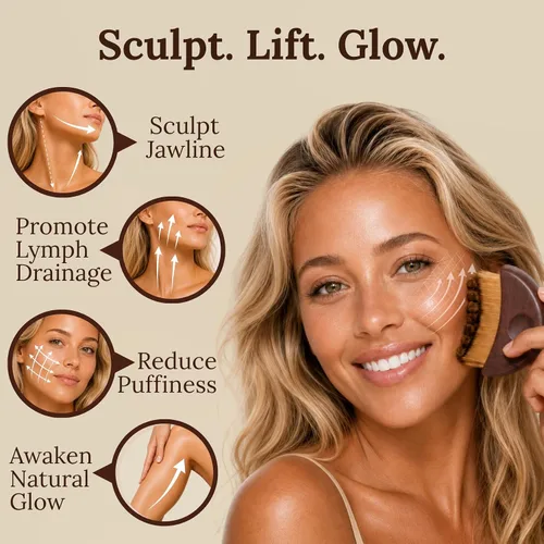 Vista 2 de LUXR Cepillo facial de contorno linfático, mango de madera real, cerdas