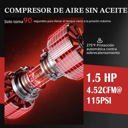Vista 3 de Compresor de aire ultra silencioso de 8 galones, 1.5HP 4.52 CFM, tanque de compresor de aire sin aceite máximo de 115 PSI para reparación
