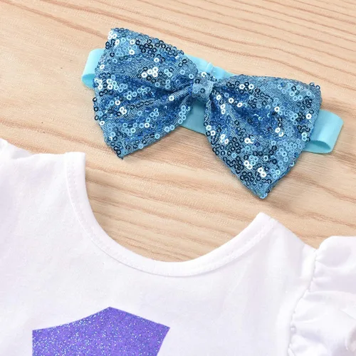 Vista 6 de Conjunto de mameluco de algodón para el primer cumpleaños para niñas con lentejuelas y lazo para la cabeza, 3 piezas