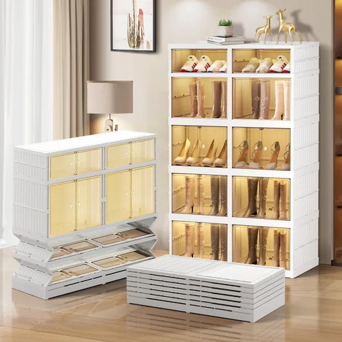 Vista 7 de CIMLORD Zapatero plegable de 3 niveles para armario, 12 pares de estantes de plástico para zapatos, caja de almacenamiento plegable para zapatos
