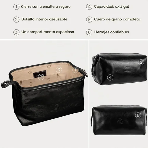Vista 6 de Time Resistance Bolsa de Aseo de Cuero Estuche de Cosméticos Kit Dopp Elegante Italiano, Negro, Classic