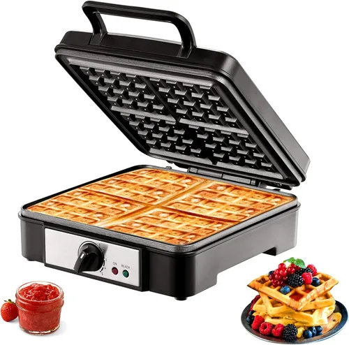 Vista 10 de VEVOR Gofrera Comercial, Máquina de Waffles Redonda de 1230W, Plancha de Waffles Belga Antiadherente de Acero Inoxidable con Control de Temperatura