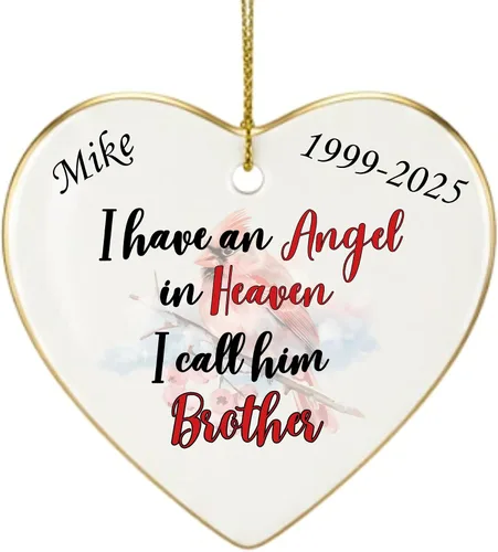 Vista 20 de Adorno de Navidad conmemorativo personalizado 2025 – Recuerdo de cerámica en forma de corazón – Tengo un ángel en el cielo I Call Her Primo – Regalo