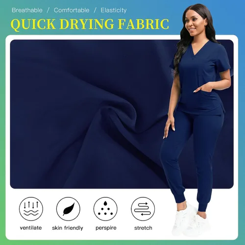 Vista 3 de niaahinn Conjunto de ropa quirúrgica clásica con cuello en V y pantalón deportivo de yoga, uniforme médico de enfermería
