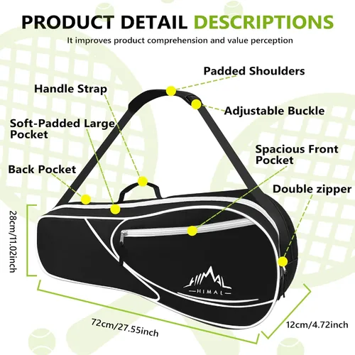 Vista 3 de Bolsa de Tenis Himal para 3 Raquetas con Almohadilla Protectora, Bolsa de Raqueta de Tenis para Hombres y Mujeres, Entusiastas del Deporte de Todas