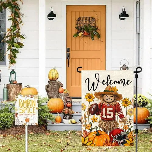 Vista 5 de Bandera de jardín de espantapájaros de otoño de 12 x 18 pulgadas, doble cara exterior, Acción de Gracias, fútbol, bienvenida, otoño, calabaza