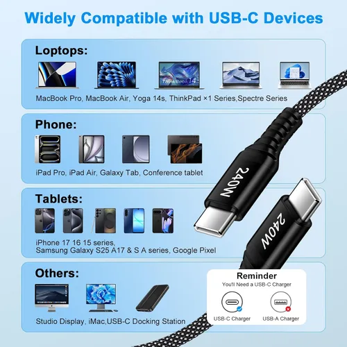 Vista 6 de Cable de carga para Samsung de 6 pies, 240 W, USB C a USB C, cable de carga súper rápida para Samsung Galaxy S26 Ultra Plus Z Flip 7 FE Z Fold 7 S25