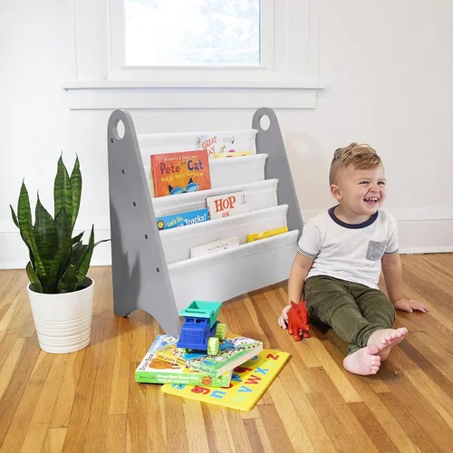 Vista 2 de Wildkin Estantería para niños, almacenamiento moderno de madera con 4 estantes y asas de tela, organizador para el hogar o el aula, gris y blanco