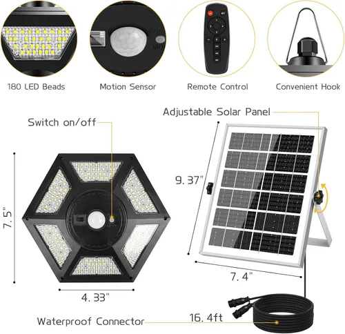 Vista 7 de Deogos Luces colgantes solares, luces solares de doble cabezal con sensor de movimiento para exteriores, 180 luces LED solares para interiores